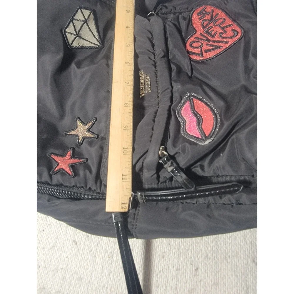 Victorias Secret Love Victoria Backpack Black Nylon Patch Gold Chain Quilted